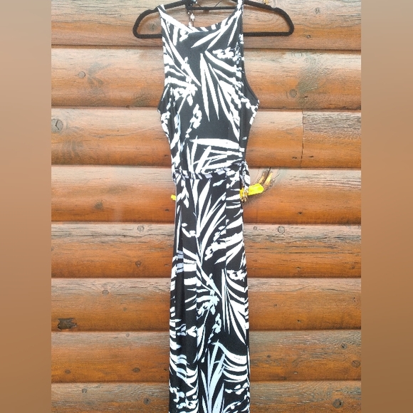 EUC GORGEOUS BLACK/WHITE & GOLD HARDWARE PALM MAXI SZ M/LG MAXI DRESS - Picture 2 of 15